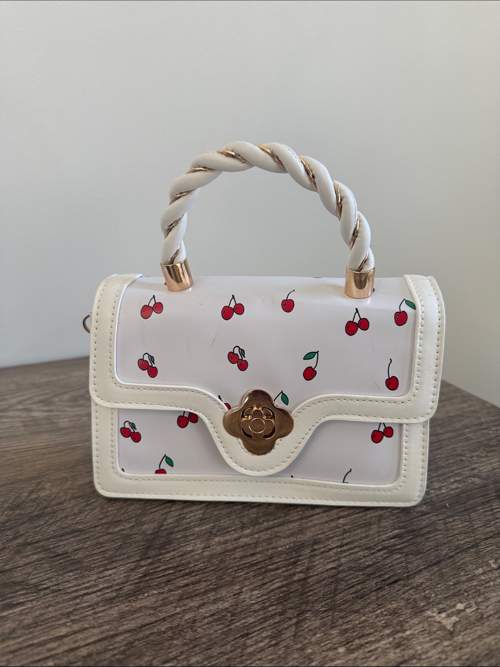 White Cherry Print Top-Handle Bag with Gold Accent